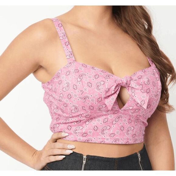 Unique Vintage Pink Bandana Print Chessie Crop Top 1X - Picture 1 of 11